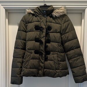 GAP Women's Olive Puffer Down Jacket with Faux Fur Hood